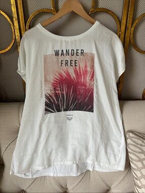J. Garcia White Short Sleeve Tee with Pink Graphic "Wander Free"